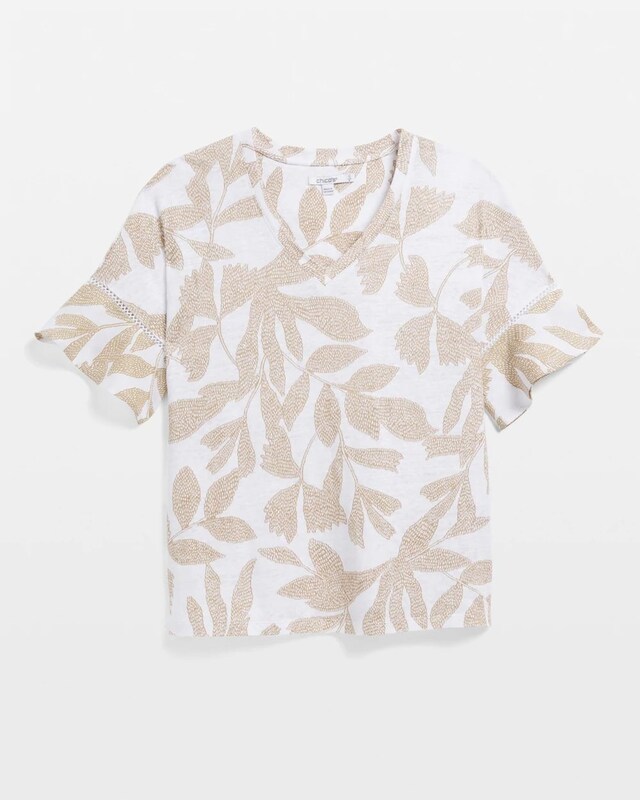 Leaves Linen Blend Flutter Sleeve Top - image 3